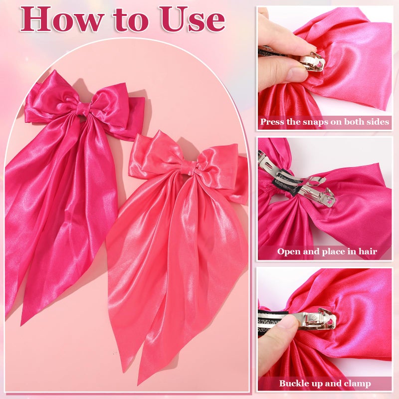 ProSuites Large Pink Oversized Hair Bows, 4 Pack Satin Ribbons and Long Tail Barrettes - Cute Hair Accessories for Women and Girls - Image 3