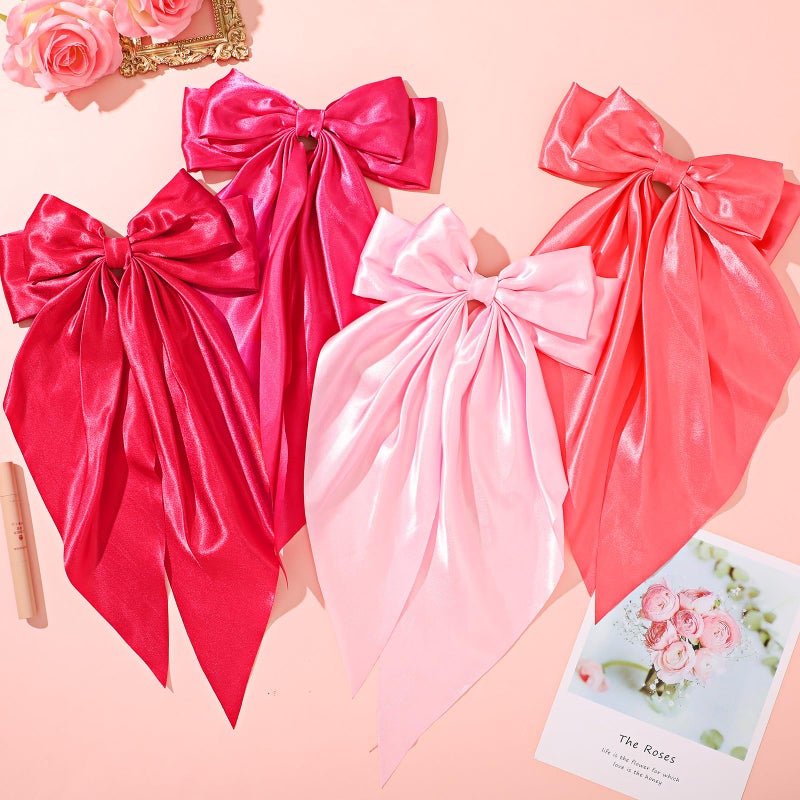 ProSuites Large Pink Oversized Hair Bows, 4 Pack Satin Ribbons and Long Tail Barrettes - Cute Hair Accessories for Women and Girls - Image 4