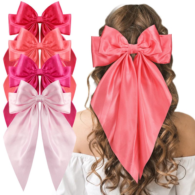 ProSuites Large Pink Oversized Hair Bows, 4 Pack Satin Ribbons and Long Tail Barrettes - Cute Hair Accessories for Women and Girls - Image 1