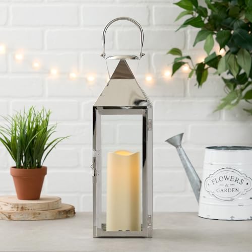 Zingz & Thingz Zings & Thingz Manhattan Hanging Cable Candle Holder Lantern, Decorative Light Home Decor, 15" Tall, Stainless Steel - Image 4