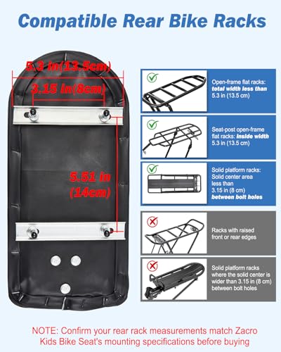 Zacro Kids Bike Seat Set, Comfort Bike Seat with Backrest, Wide Child Bicycle Rear Seat Cushion Back Safety Armrest Handrail Feet Pedals, Children Bicycle Back Seat for Over 5 Years Old - Image 3