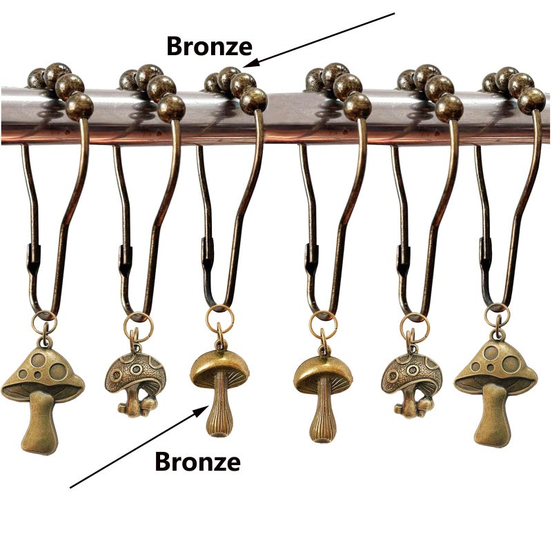 Daxingbu Mushroom Shower Curtain Hooks, 12Pcs Rustproof Metal Cute Retro Mushroom Shower Curtain Hooks Rings for Boho Fairy Forest Country Cottagecore Style Home Bathroom Decor (Set-Bronze) - Image 2