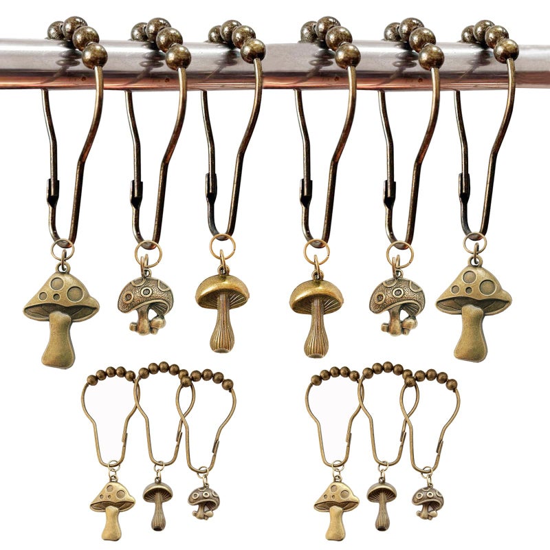 Daxingbu Mushroom Shower Curtain Hooks, 12Pcs Rustproof Metal Cute Retro Mushroom Shower Curtain Hooks Rings for Boho Fairy Forest Country Cottagecore Style Home Bathroom Decor (Set-Bronze) - Image 1