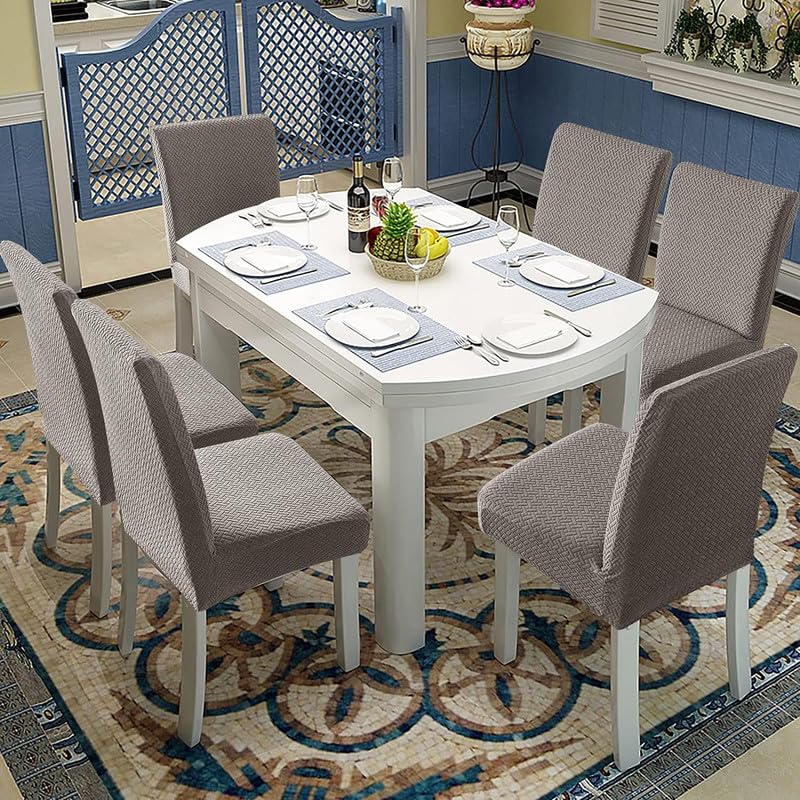 Styleys Elastic Chair Cover Stretch Removable Washable Short Jacquard Dining Chair Cover Protector Seat Slipcover (Pack of 4, Taupe, JCMC5) - Image 2