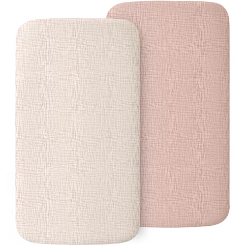 MairMore 2 Pack Muslin Fitted Bassinet Sheets for Babies, Soft & Breathable 100% Cotton Bedside Sleeper Bassinet Sheet, Moses Basket Oval Rectangle Pad/Mattress (Pink) - Image 1