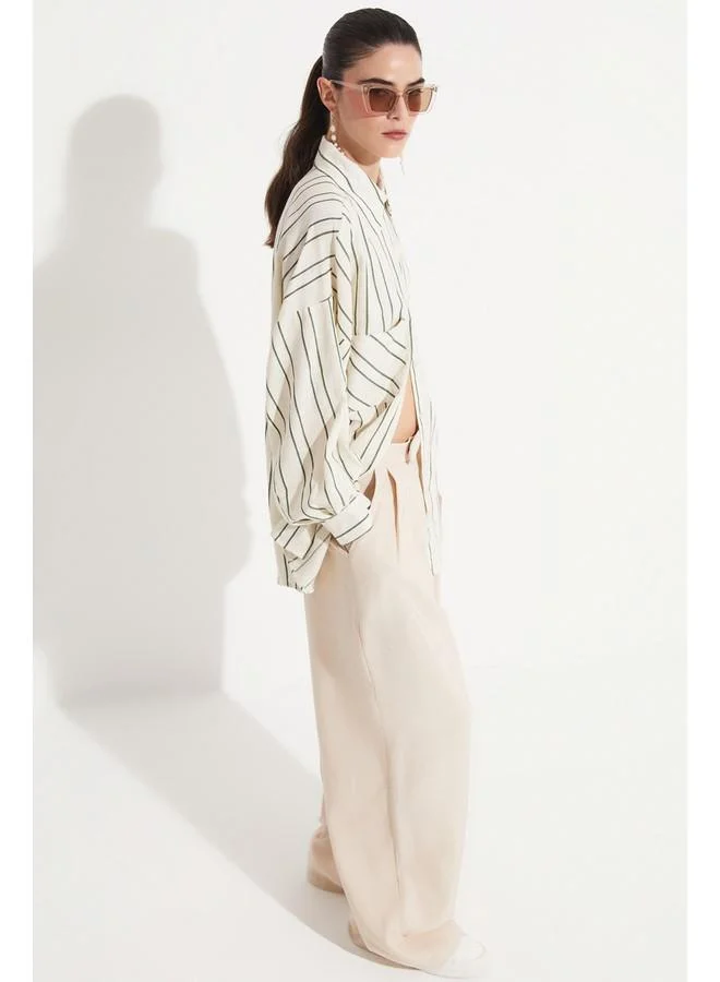 JUNE June Women Cotton Blend Striped Loose Fit Shirt Khaki