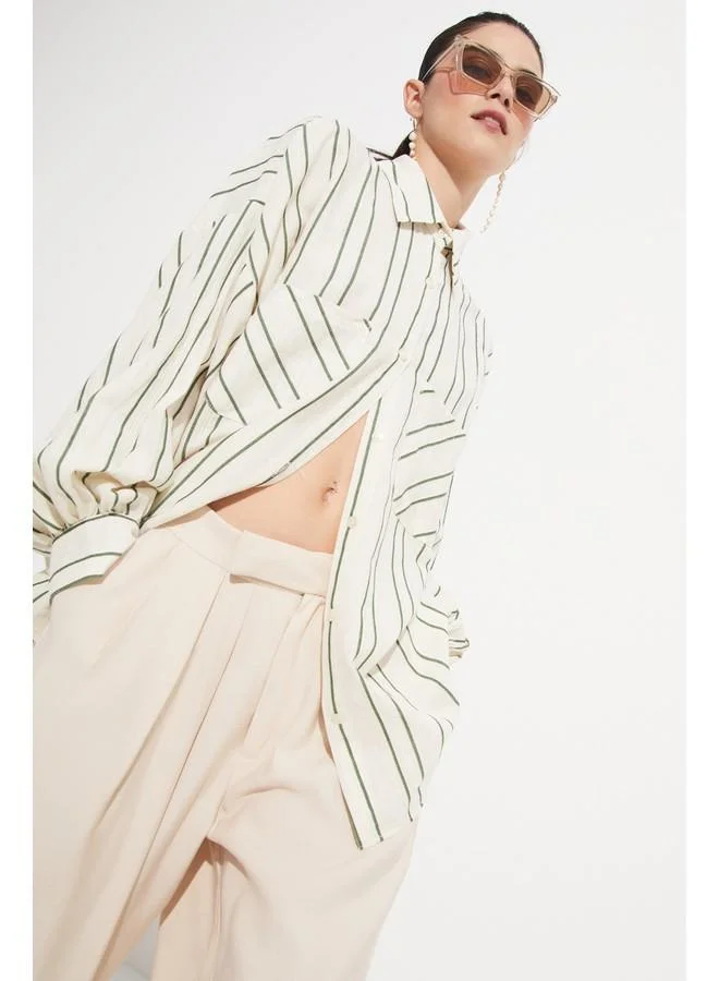 JUNE June Women Cotton Blend Striped Loose Fit Shirt Khaki