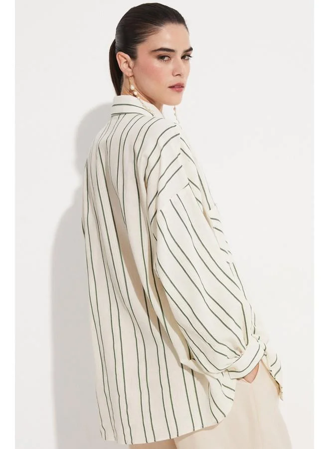 JUNE June Women Cotton Blend Striped Loose Fit Shirt Khaki