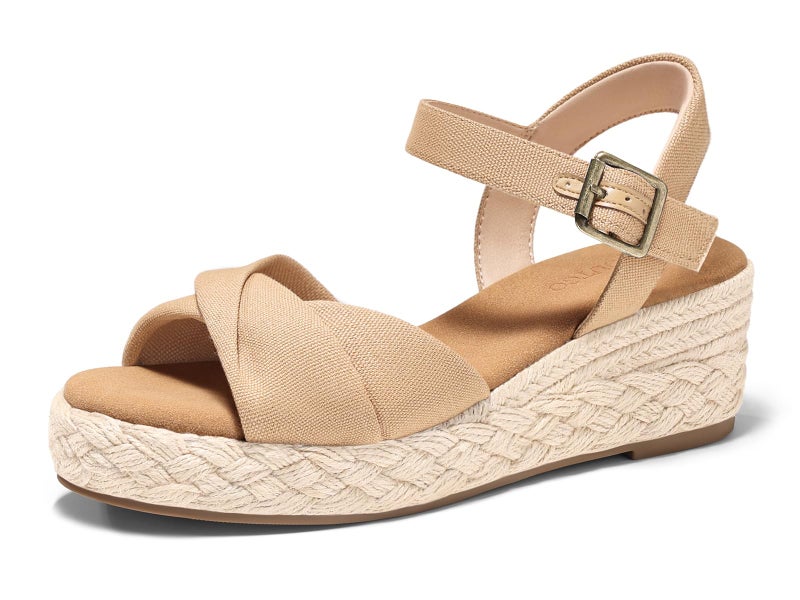 Coutgo Womens Platform Wedge Heels Sandals Espadrilles Open Toe Ankle Strap Twist Canvas Summer Beach Shoes, Light Khaki, size 7 - Image 1