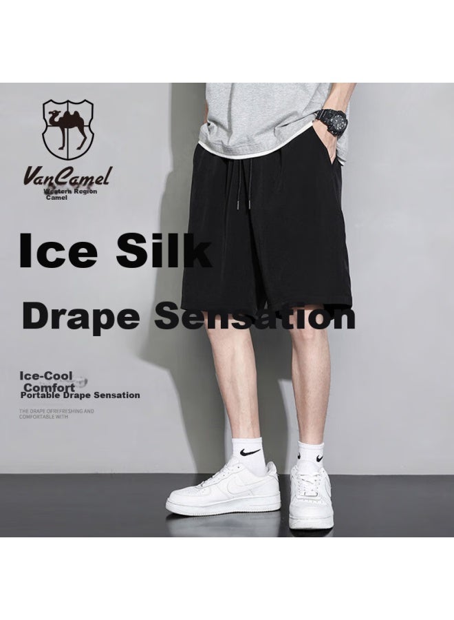 Vancamel Men's Shorts, Summer Lightweight Ice Silk Draping Breathable Five-point Pants, Casual Sports Beach Shorts, Black, L - Image 1