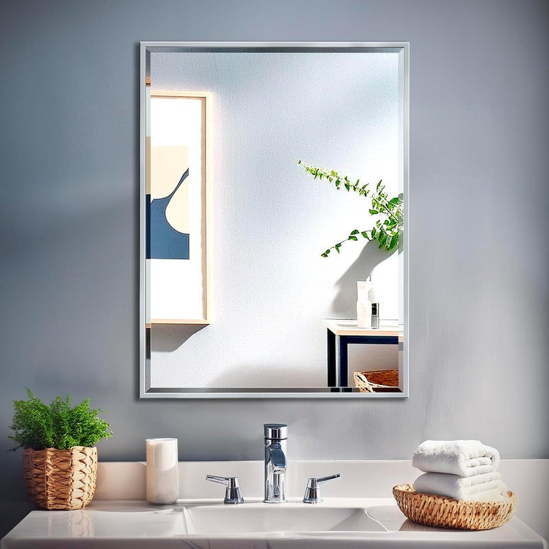 Gatco 1822 Bathroom Wall Mirror 33H x 25W Modern mirror for Living Room Vanity Slim Design Beveled Framed Large Rectangle Chrome mirror  Hangs Horizontal or Vertical with Easy Mount Bracket - Image 1