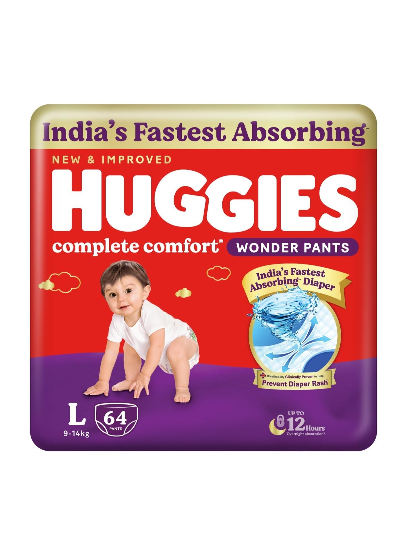 Huggies Complete Comfort Wonder Pants | Pant Style Baby Diapers Large Size (L), 64 Count | India's Fastest Absorbing Diaper, Prevents Diaper Rash, Ideal for 9 to 14 Kgs