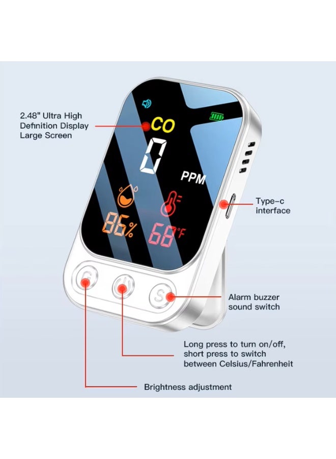 Portable 3 in 1 Carbon Monoxide Detector with Temperature & Humidity Monitor, Rechargeable CO Gas Leakage Alarm with HD Display, Audible Warning, Fire Safety Alarm for Home Travel Camping RV Garage - Image 5