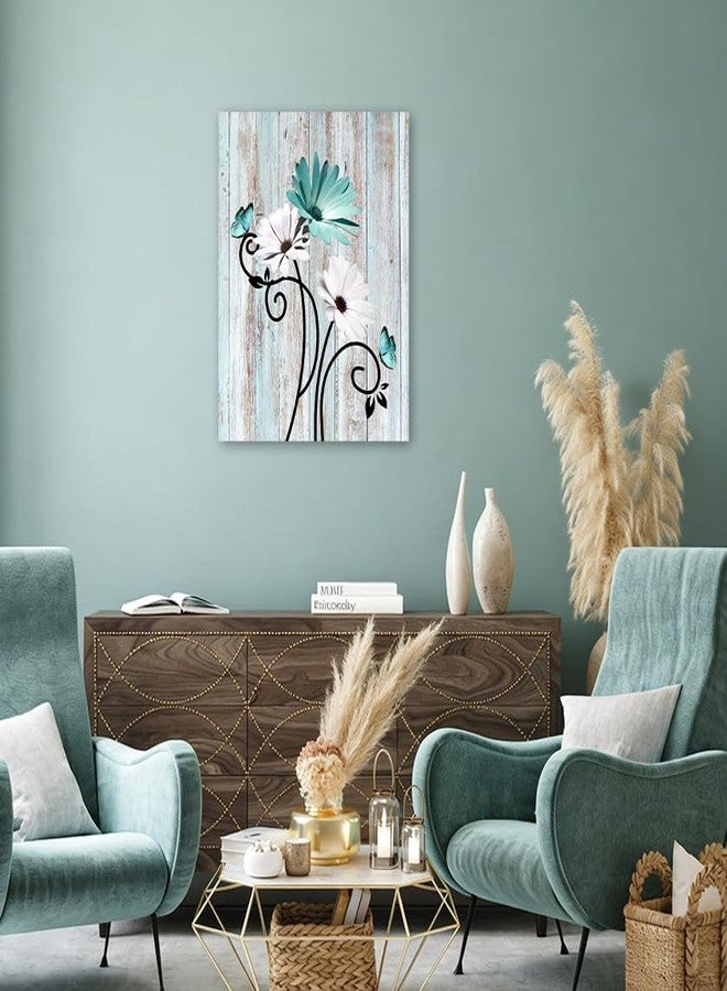 HVEST Teal Daisy Wall Art Vintage Flower and Butterfly on Rustic Wooden Abstract Painting Farmhouse Plant Wall Art for Bathroom Living Room Bedroom Kitchen Decor Ready to Hang, 16Lx12W Inches - Image 5