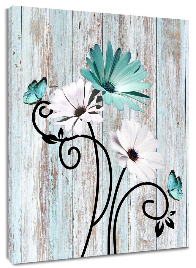 HVEST Teal Daisy Wall Art Vintage Flower and Butterfly on Rustic Wooden Abstract Painting Farmhouse Plant Wall Art for Bathroom Living Room Bedroom Kitchen Decor Ready to Hang, 16Lx12W Inches - Image 1