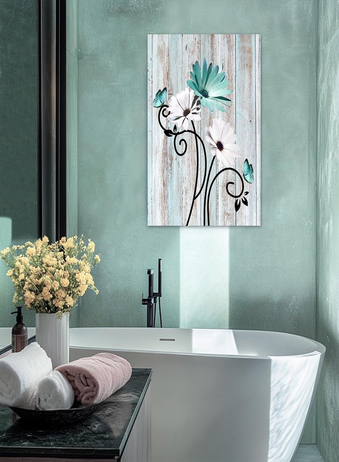 HVEST Teal Daisy Wall Art Vintage Flower and Butterfly on Rustic Wooden Abstract Painting Farmhouse Plant Wall Art for Bathroom Living Room Bedroom Kitchen Decor Ready to Hang, 16Lx12W Inches - Image 2