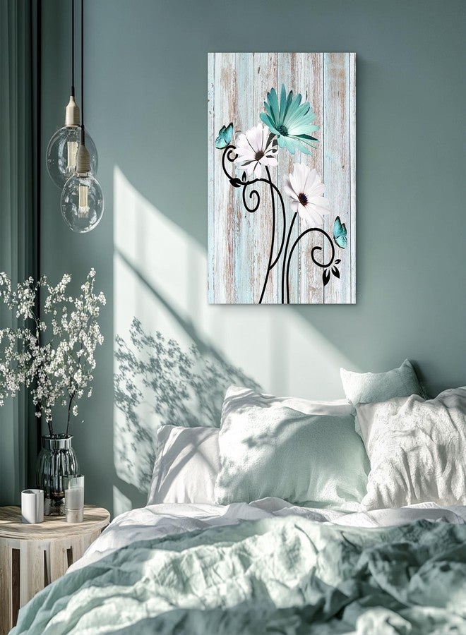HVEST Teal Daisy Wall Art Vintage Flower and Butterfly on Rustic Wooden Abstract Painting Farmhouse Plant Wall Art for Bathroom Living Room Bedroom Kitchen Decor Ready to Hang, 16Lx12W Inches - Image 4