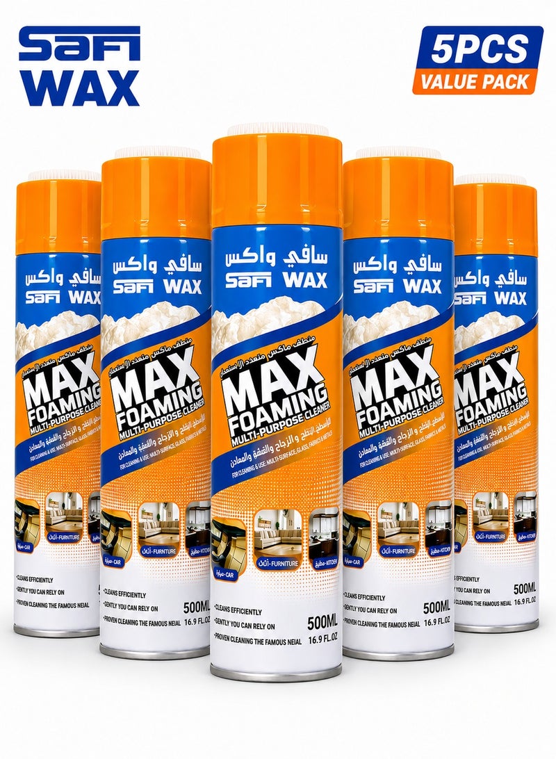 SAFI WAX Max Foaming Multi Purpose Cleaner Spray 500ML 5 Pack Rich Foam Multi Surface Cleaning Foam for Car Interior Dashboard Upholstery Fabric Leather Vinyl Plastic Kitchen Bathroom Home Office Grease Dirt Stain Remover Easy Spray Wipe - Image 1