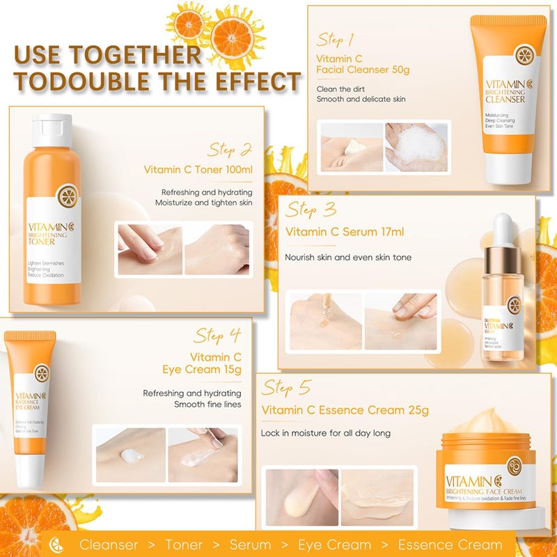 XTJXTJ Vitamin C Skincare Set Complete Face Care Kit with Cleanser Toner Serum Eye Cream and Face Cream - Image 3