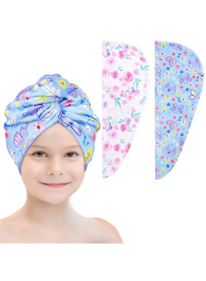 Basumee Microfiber Hair Towel Wrap for Kids 2 Pack Rapid Drying Hair Towel with Button Hair Turbans for Wet Hair Wraps Head Towel Wrap for Women and Girls, Flower - Image 1