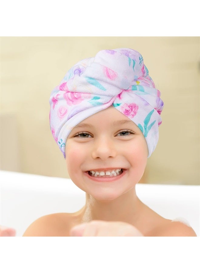 Basumee Microfiber Hair Towel Wrap for Kids 2 Pack Rapid Drying Hair Towel with Button Hair Turbans for Wet Hair Wraps Head Towel Wrap for Women and Girls, Flower - Image 3