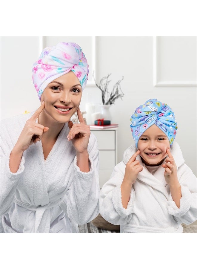 Basumee Microfiber Hair Towel Wrap for Kids 2 Pack Rapid Drying Hair Towel with Button Hair Turbans for Wet Hair Wraps Head Towel Wrap for Women and Girls, Flower - Image 2