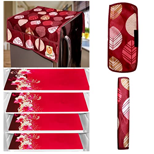 KANUSHI Industries® 1Pc Fridge Cover for Top with 6 Utility Pockets + 2 Handles Covers + 4 Fridge Mats (FRI-Maroon-Long-LEV+2-Handle+M-23-04) - Image 1