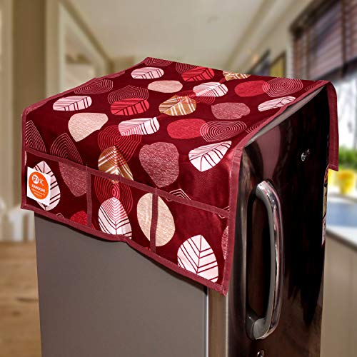 KANUSHI Industries® 1Pc Fridge Cover for Top with 6 Utility Pockets + 2 Handles Covers + 4 Fridge Mats (FRI-Maroon-Long-LEV+2-Handle+M-23-04) - Image 2