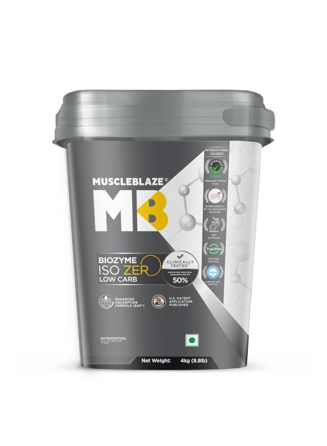 مسل بلايز MuscleBlaze Biozyme Iso-Zero، مسحوق بروتين مصل اللبن المعزول (Whey Isolate) قليل الكربوهيدرات، بنكهة شوكولاتة الآيس كريم (4 كجم / 8.8 رطل) | 27 جم من بروتين مصل اللبن المعزول في كل مكيال | تركيبة معززة للامتصاص (EAF) حاصلة على براءة اختراع من الولايات المتحدة الأمريكية - Image 1