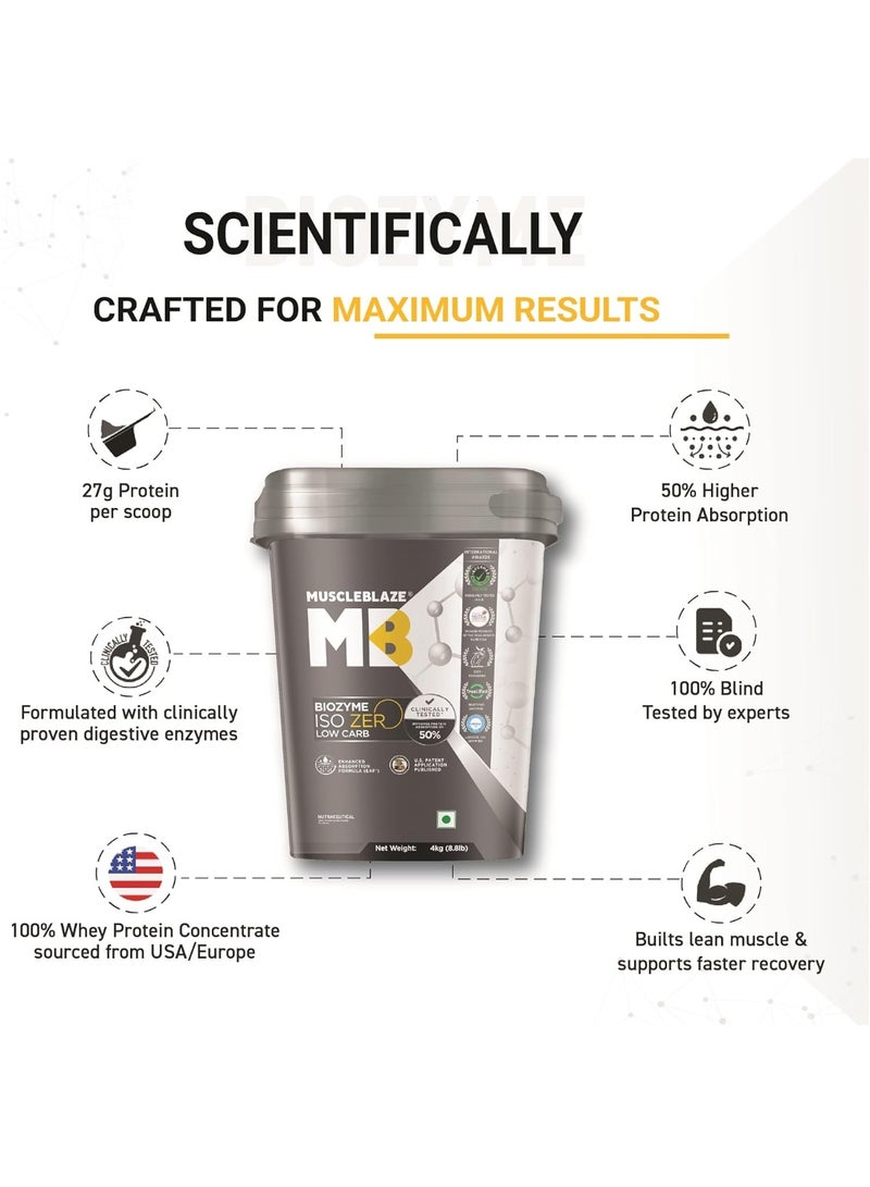 مسل بلايز MuscleBlaze Biozyme Iso-Zero، مسحوق بروتين مصل اللبن المعزول (Whey Isolate) قليل الكربوهيدرات، بنكهة شوكولاتة الآيس كريم (4 كجم / 8.8 رطل) | 27 جم من بروتين مصل اللبن المعزول في كل مكيال | تركيبة معززة للامتصاص (EAF) حاصلة على براءة اختراع من الولايات المتحدة الأمريكية - Image 3
