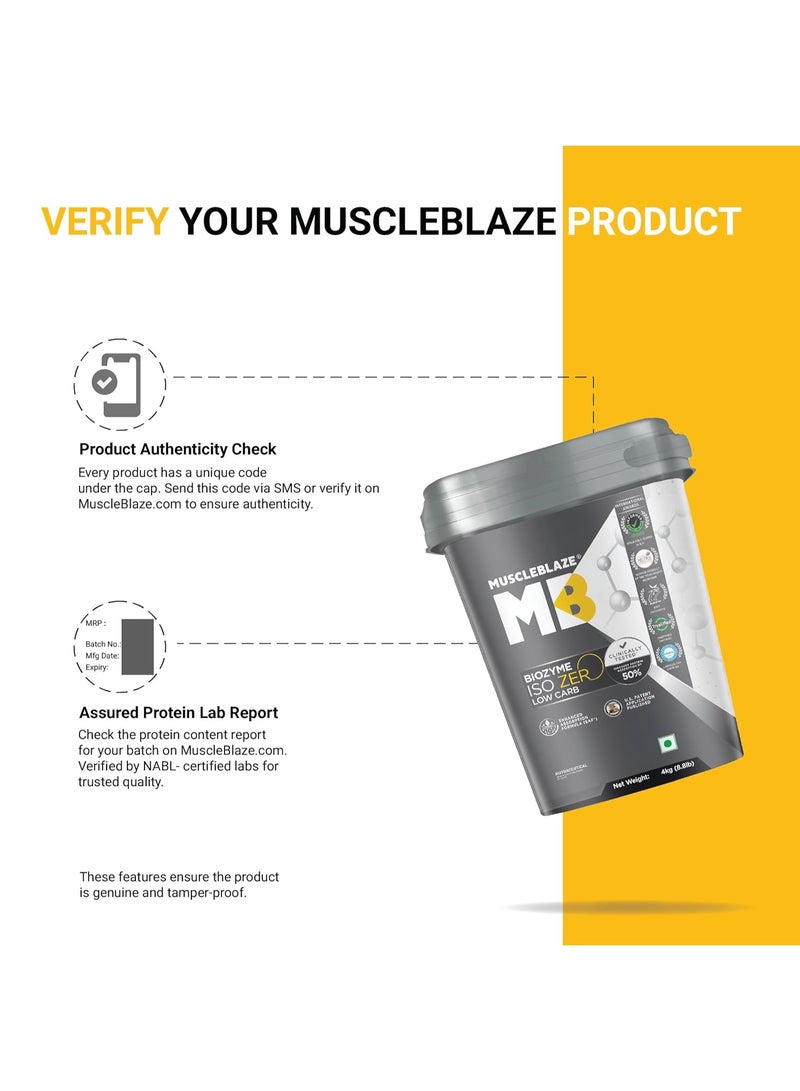 مسل بلايز MuscleBlaze Biozyme Iso-Zero، مسحوق بروتين مصل اللبن المعزول (Whey Isolate) قليل الكربوهيدرات، بنكهة شوكولاتة الآيس كريم (4 كجم / 8.8 رطل) | 27 جم من بروتين مصل اللبن المعزول في كل مكيال | تركيبة معززة للامتصاص (EAF) حاصلة على براءة اختراع من الولايات المتحدة الأمريكية - Image 2
