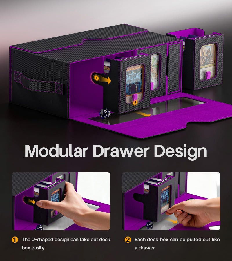 Kabinka MTG Commander Deck Box, 6-Deck Modular Card Case with 100 PCS Card Sleeves, Dice Tray - Holds 600+ Double-Sleeved Cards, 35PT Magnetic Holders for TCG/EDH (Black Purple) - Image 3