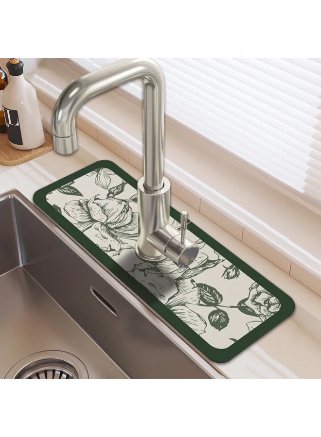 American Pastoral Style Flower Diatom Mud Faucet Absorbent Pad Sink Splash-proof Draining Pad Table Wash-Color:Ink Lotus-Specifications:13.8*38  - Image 3