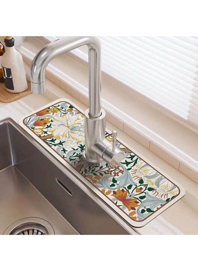 American Pastoral Style Flower Diatom Mud Faucet Absorbent Pad Sink Splash-proof Draining Pad Table Wash-Color:Ink Lotus-Specifications:13.8*38  - Image 2