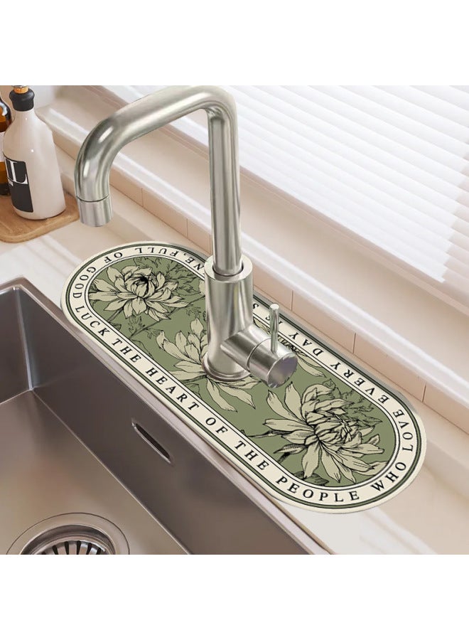 American Pastoral Style Flower Diatom Mud Faucet Absorbent Pad Sink Splash-proof Draining Pad Table Wash-Color:Ink Lotus-Specifications:13.8*38  - Image 4
