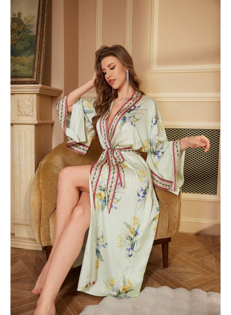 Closme Ladies' Premium Satin Chiffon Kimono Robe V-Neck Long Sleeve Belted Loungewear Floral Print Sleep Dress - Image 4