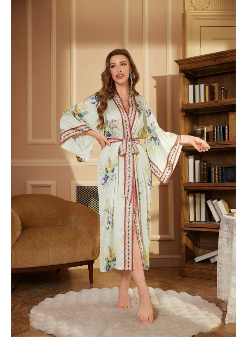 Closme Ladies' Premium Satin Chiffon Kimono Robe V-Neck Long Sleeve Belted Loungewear Floral Print Sleep Dress - Image 1