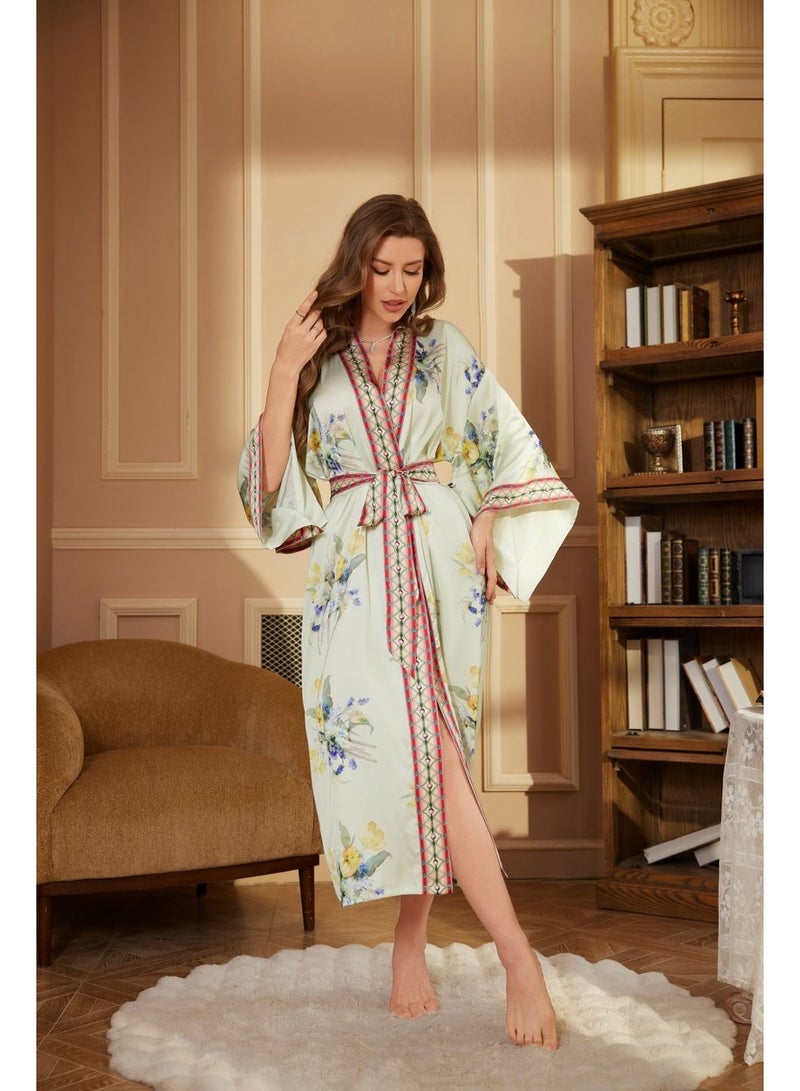 Closme Ladies' Premium Satin Chiffon Kimono Robe V-Neck Long Sleeve Belted Loungewear Floral Print Sleep Dress - Image 2