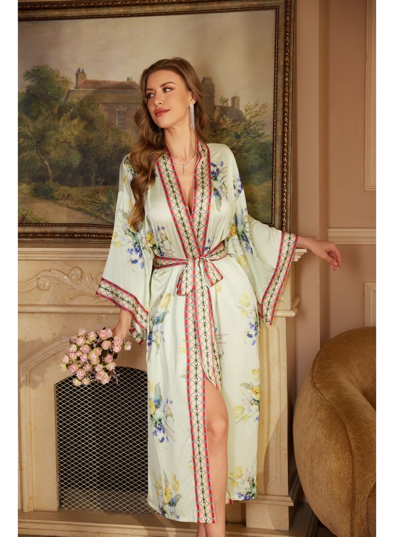 Closme Ladies' Premium Satin Chiffon Kimono Robe V-Neck Long Sleeve Belted Loungewear Floral Print Sleep Dress - Image 3