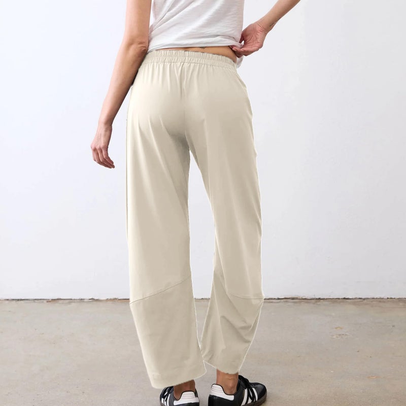 SeeLuNa Women Barrel Travel Pants Elastic Waistband Tapered Leg Baggy Mid Rise Work Trousers Lounge Pant with Pockets(Apricot,L) - Image 2