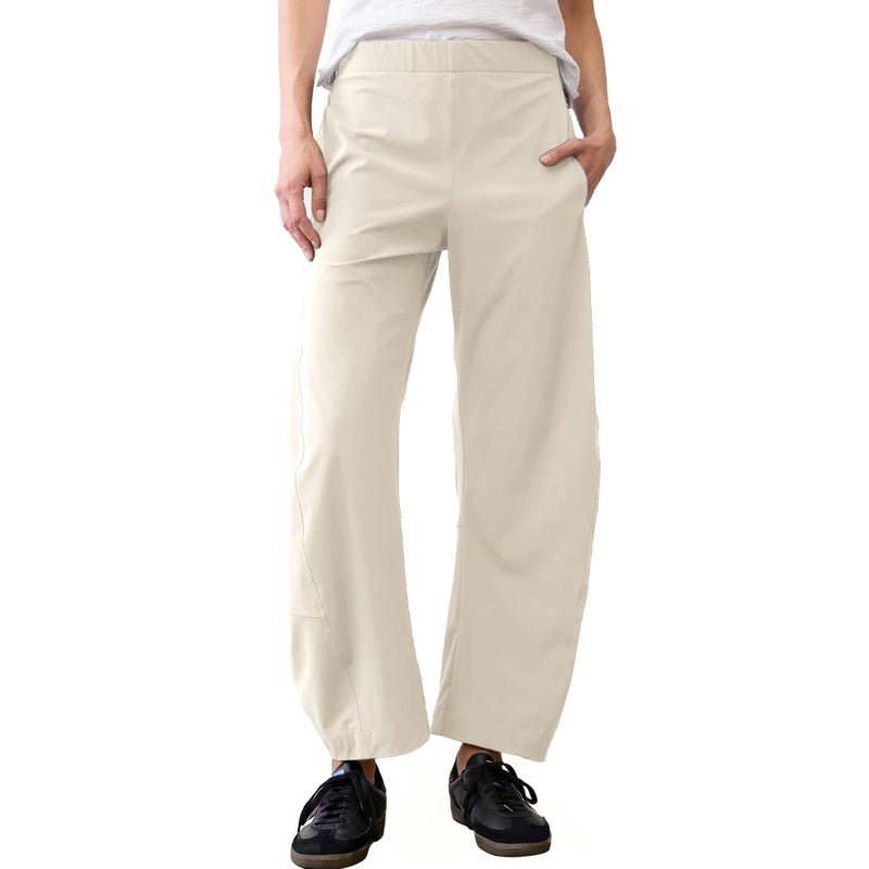 SeeLuNa Women Barrel Travel Pants Elastic Waistband Tapered Leg Baggy Mid Rise Work Trousers Lounge Pant with Pockets(Apricot,L) - Image 1