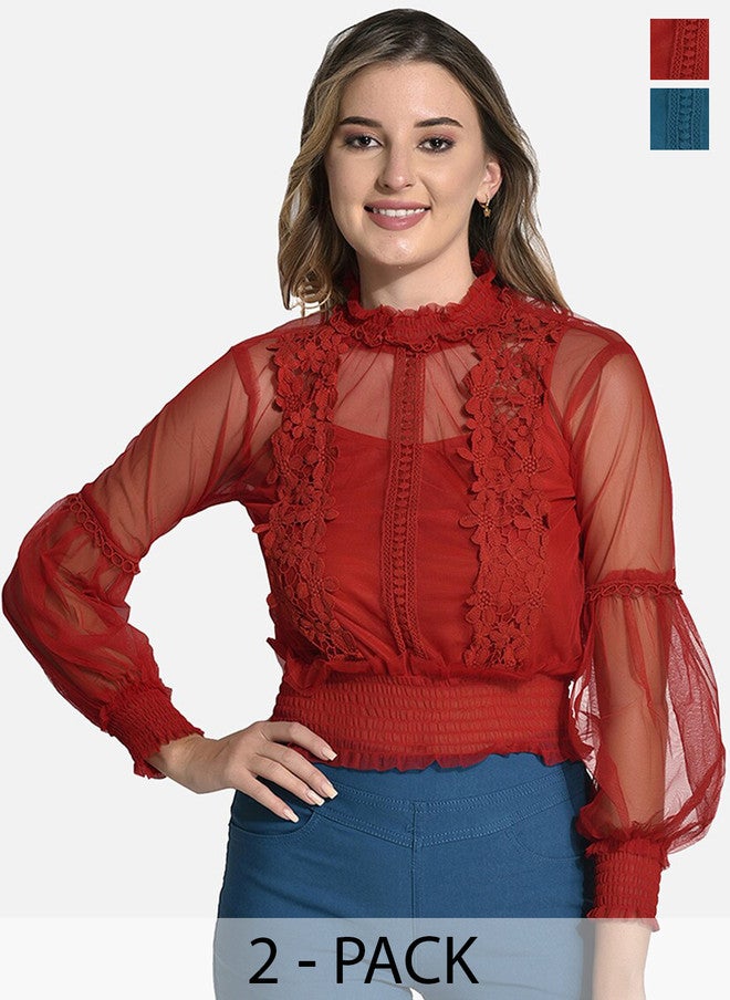 FIMS Pack Of 2 Embellished High Neck Long Sleeves Top - Image 1