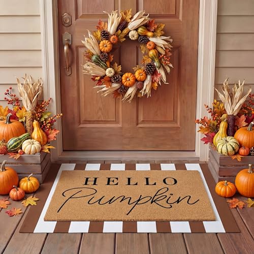 Tinideya 2 Pcs Door Mat Welcome Non Slip Coir Mats Floor Layering Doormats Seasonal for Front Porch Entryway DecorBrown White - Image 1