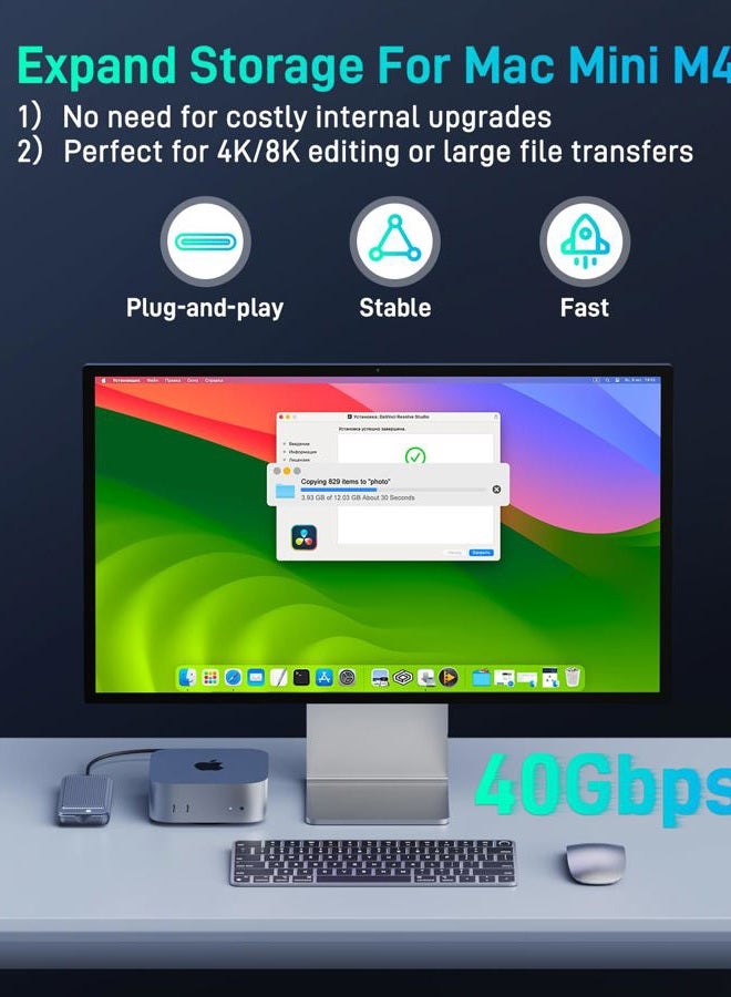 NewQ USB4 M.2 NVMe PCIe SSD Enclosure 40Gbps, Designed for Always-on Mac mini Setups, Tool-Free, Dual-Sided Cooling, Thunderbolt 4/3 & USB4/3.2 Compatible, Fits M1/M2 M3/M4, Supports 2230/2242/2260/2280 - Image 5