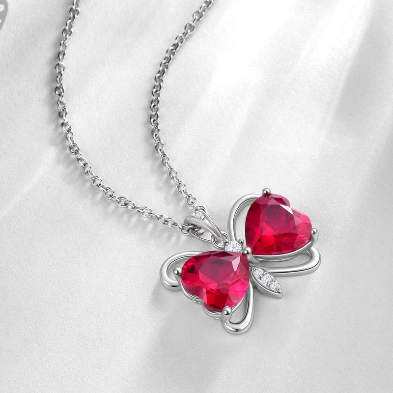 Juwaliy Red Butterfly Necklace Heart July Birthstone Necklace Ruby Crystal Silver Plated Pendant Jewelry Women Wife Wedding Birthday Mother's Day Gift - Image 3