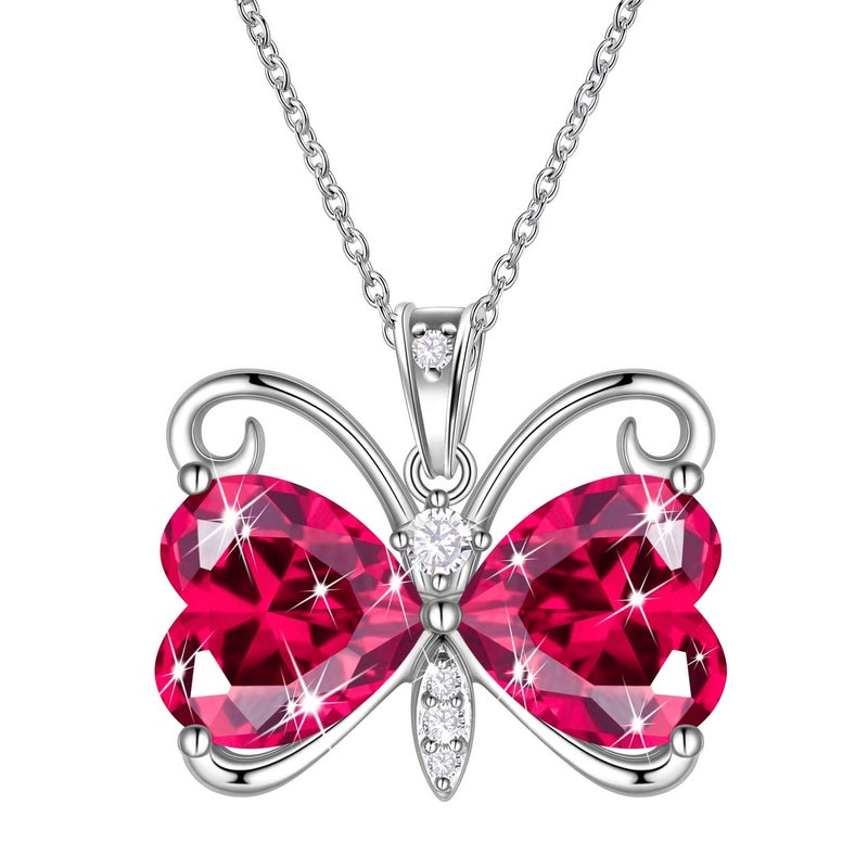 Juwaliy Red Butterfly Necklace Heart July Birthstone Necklace Ruby Crystal Silver Plated Pendant Jewelry Women Wife Wedding Birthday Mother's Day Gift - Image 1