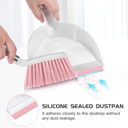 NACENA Mini Broom and Dustpan Set, Small Dust Pan and Brush Set with Handle Dustpan Teeth for Cleaning Hair Suitable for Office Desks Drawers Sofas Outdoor Camping, Pink - Image 3