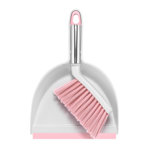 NACENA Mini Broom and Dustpan Set, Small Dust Pan and Brush Set with Handle Dustpan Teeth for Cleaning Hair Suitable for Office Desks Drawers Sofas Outdoor Camping, Pink - Image 1