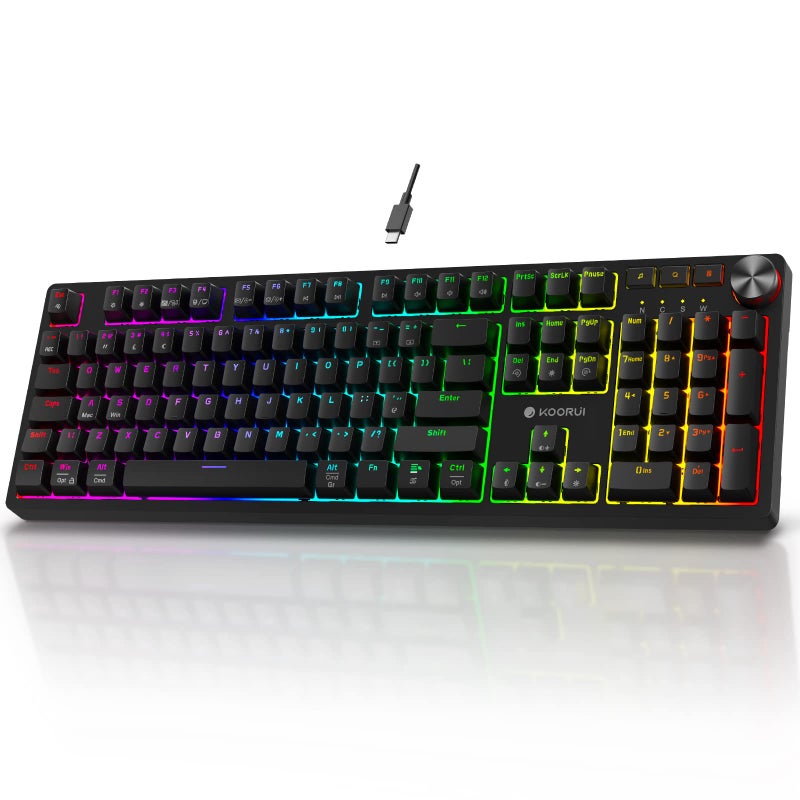 KOORUI Gaming Keyboards, 26 RGB Backlit Mechanical Keyboard Wired 104 Keys Full Size UK Layout with Red Switch Gamer Keyboards for Windows MacOS Linux - Image 1