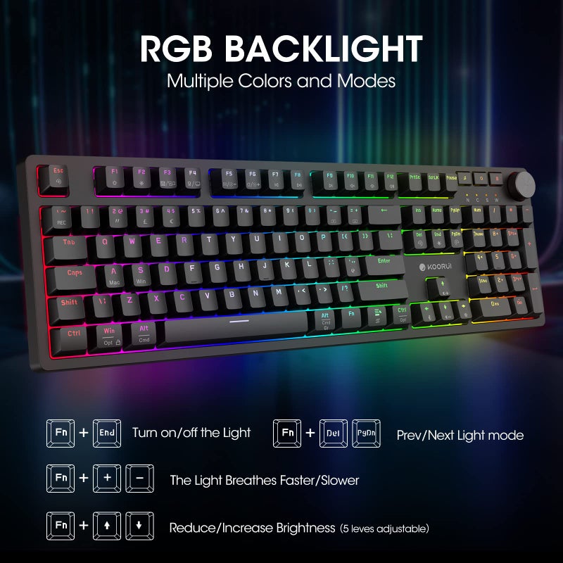 KOORUI Gaming Keyboards, 26 RGB Backlit Mechanical Keyboard Wired 104 Keys Full Size UK Layout with Red Switch Gamer Keyboards for Windows MacOS Linux - Image 2